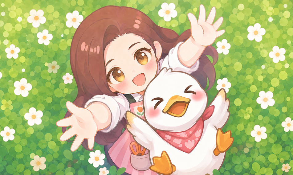 Cute shopkeeper and Duckling in flowers